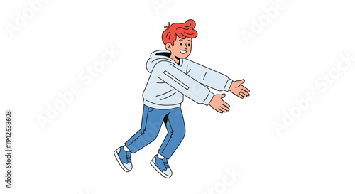 Enthusiastic boy with bright red hair running forward with his arms wide open to embrace someone or something fun.