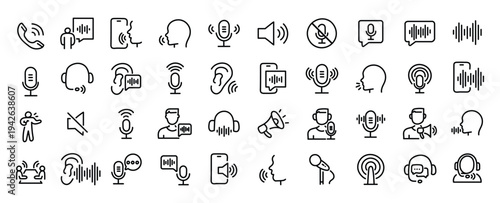 Voice web icons in line style. Sound wave, voice recognition, message, audio, speech, collection. Editable stroke. Vector illustration.