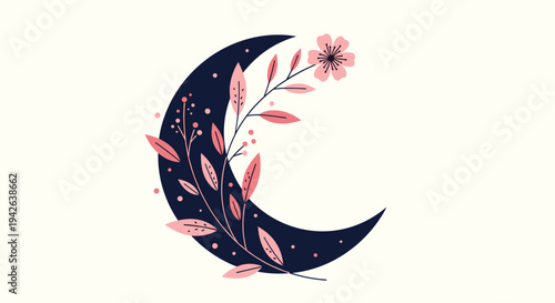 Crescent moon entwined with beautiful pink flowers and leaves on a pale yellow background for a mystical and dreamlike effect.