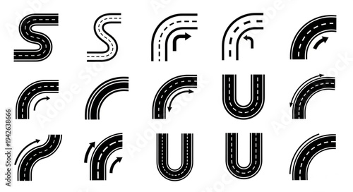 Collection of Black and White Road Curve Illustrations.