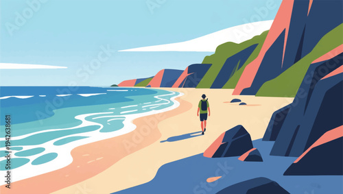 Illustration Of An Adventurer Walking On A Beach With Natural Sand And Rocks Vector Design Template