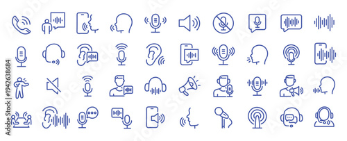 Voice web icons in line style. Sound wave, voice recognition, message, audio, speech, collection. Editable stroke. Vector illustration.