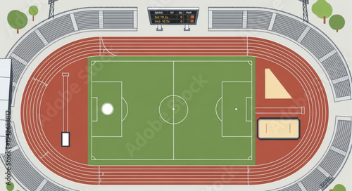 Overhead view of a sports stadium with running track and field.