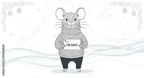 Cute mouse character wearing a cozy sweater holds a letter for Santa in a snowy winter landscape filled with holiday spirit.