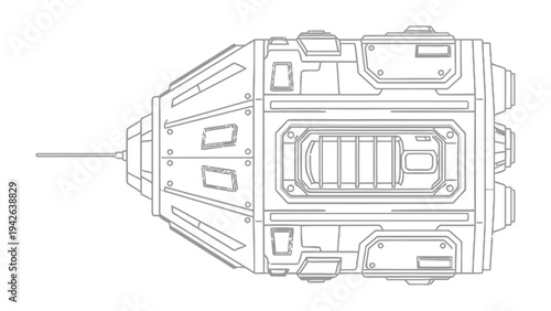 Detailed Spacecraft Blueprint: A technical blueprint of a spacecraft module showcasing intricate designs and engineering precision against backdrop.
