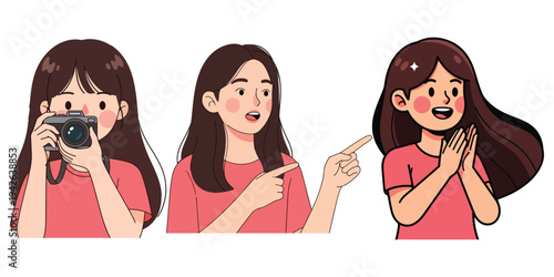 Young woman in different poses taking a photo, pointing, and celebrating joyfully