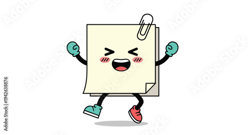 Joyful sticky note character jumping with excitement and wearing colorful shoes to represent office fun and organization.