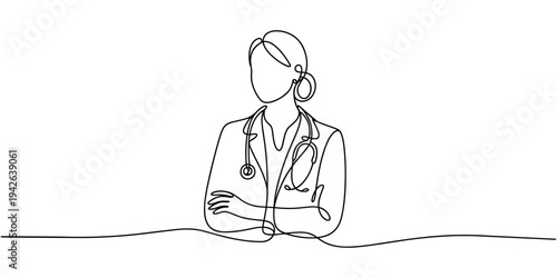 female doctor checking patient medical continuous one line drawing, One continuous line drawing of young female doctor checking patient pulse rate and blood tension using tensiometer. Medical health