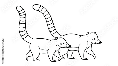 Coatis Duo: A monochromatic illustration portrays two coatis, their distinctive ringed tails and curious expressions adding charm.