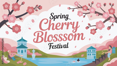 A vibrant illustration of a spring cherry blossom festival with blooming trees and a serene lake
