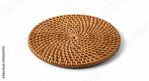 A round, natural brown woven rattan coaster with intricate texture.