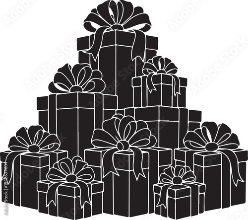 Black and white illustration of gifts with ribbons stacked