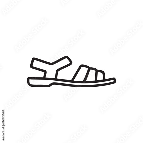 Simple black and white vector line art illustration of a classic sturdy outdoor summer sandal featuring thick straps and a flat sole design