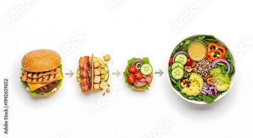 Transforming a burger into a healthy salad bowl through gradual ingredient changes