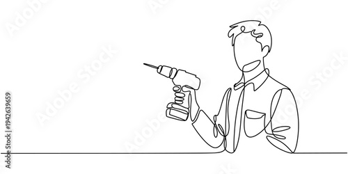 Continuous line drawing of young handyman wearing uniform while holding drill machine, Builder man holding drill and wearing helmet. One continuous line art drawing vector.