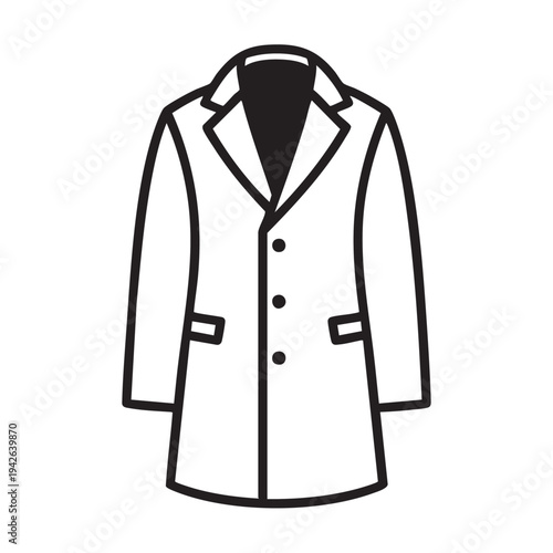 Minimalist black and white vector illustration of a professional overcoat, ideal for clothing, fashion, and formal wear designs, depicting a classic garment in a clean line art graphic.