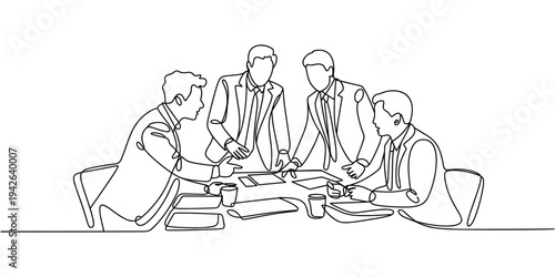 One continuous line drawing of young happy business men discussing about new project deal with colleague during meeting. Business agreement concept single line graphic draw design vector illustration
