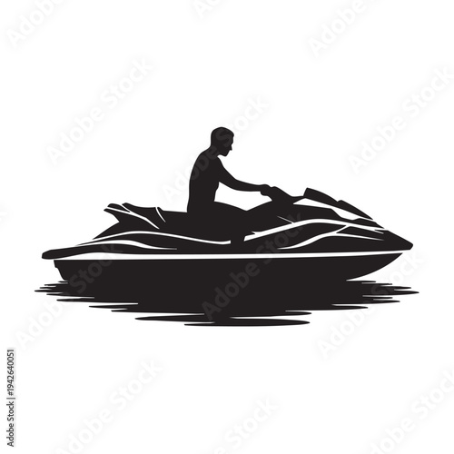 A captivating vector graphic illustration depicting a silhouette of an individual expertly riding a powerful jet ski across the water surface, perfect for exhilarating summer sports design projects.