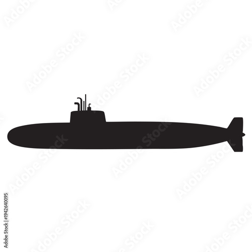 A sleek black submarine vector illustration featuring a detailed silhouette of an underwater vessel for military, exploration, or historical graphic design projects against a clean white background.