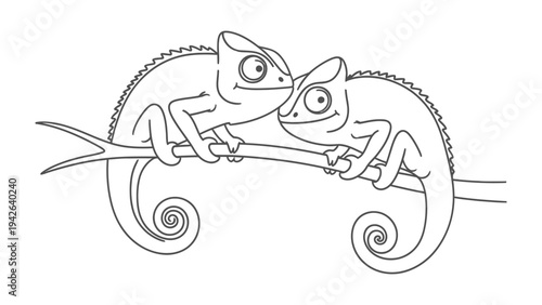 Chameleons in Embrace: Two chameleons, perched on a branch, share an intimate moment of affection, their forms elegantly outlined against a soft, subtle backdrop. 
