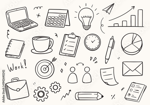 Hand drawn doodle set of business and office elements. Vector illustration