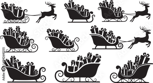 Black Silhouettes of Santa Sleighs with Reindeer in Flight