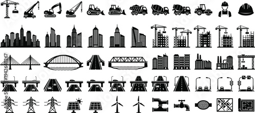 Comprehensive Construction and Infrastructure Icon Set Featuring Heavy Machinery Building Sites Bridges Roads Renewable Energy and Civil Engineering Silhouettes