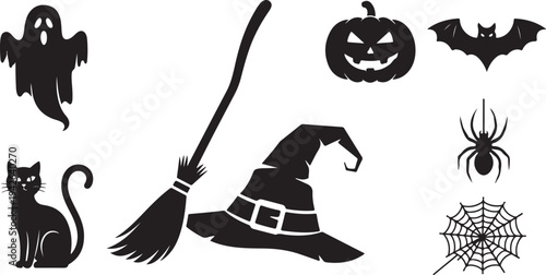 Halloween symbols and objects in black silhouette style collection