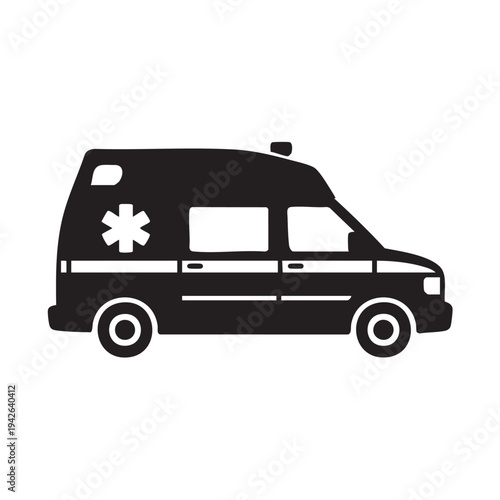 Simple black and white vector graphic illustration depicting a side profile of an emergency medical service ambulance vehicle icon with clear windows and a prominent star symbol