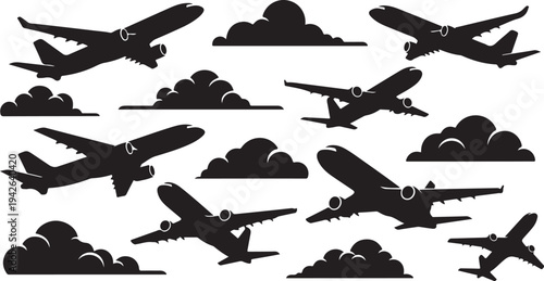 Airplanes flying through clouds in black silhouette style graphics
