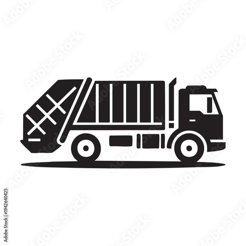 Stylized black and white vector graphic illustration of a heavy duty sanitation garbage refuse collection truck viewed from the side profile
