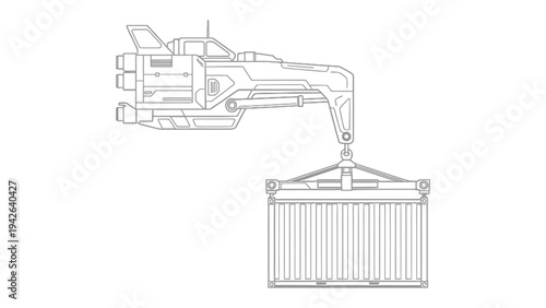Cargo Crane at Work: A detailed outline showcases a cargo crane in action, methodically lifting a massive shipping container, symbolizing efficiency and the intricacies of global trade.