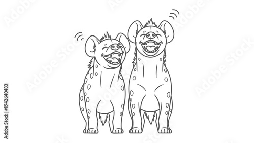 Hyena Duo's Grinning Glee: Two animated hyenas with their distinctive spotted coats and infectious laughter share a moment of mirth, the essence of joy and camaraderie captured in a playful sketch.