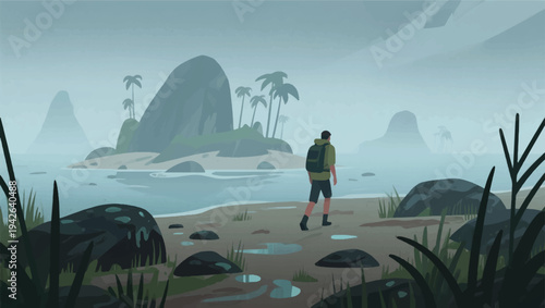 Illustration Of An Adventurer Walking On A Remote Island Covered In Thick Fog Vector Design Template