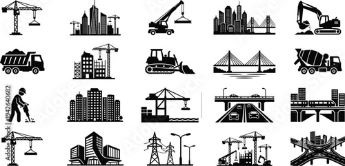 Professional Construction and Urban Infrastructure Icon Set Featuring Cranes Excavators Bridges Heavy Machinery and Building Site Development Silhouettes