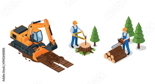 Construction and forestry isometric scene with equipment and workers