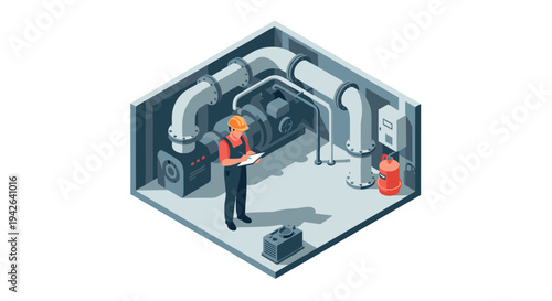 Industrial engineer in factory room performing inspection with machinery and pipes