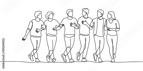 Young people walking together and talking. Group of friends rest and communicate. Continuous line art drawing style. Black linear sketch isolated on white background. Vector illustration