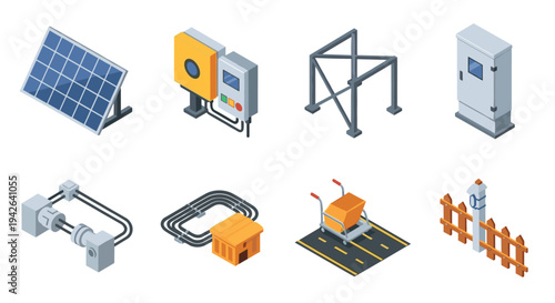 Isometric renewable energy and industrial equipment icons set