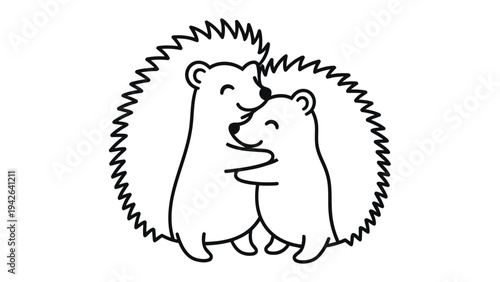 Affectionate Hedgehog Duo: A charming line art illustration depicts two cute hedgehogs embracing in a loving hug, evoking feelings of warmth, friendship, and tenderness.