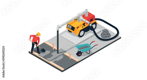 Isometric construction scene with concrete pump, worker, and tools