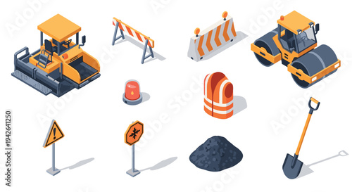 Isometric construction equipment and safety objects set for urban planning and road work