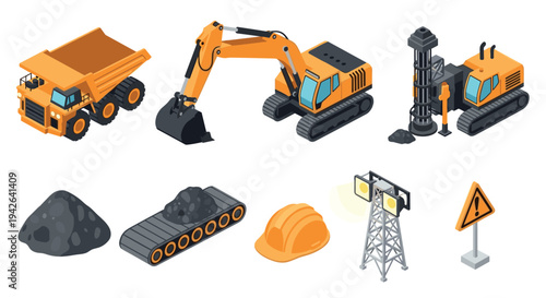 Isometric construction equipment and safety icons set