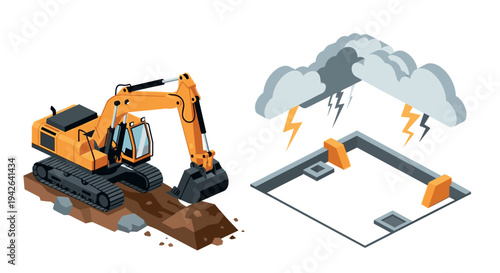 Construction equipment and stormy weather in isometric design