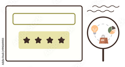 Customer experience, product reviews, business analysis, shopping trends, market research, online feedback. A rating box beside analytics symbols thumbs up charts and shopping bag. Customer