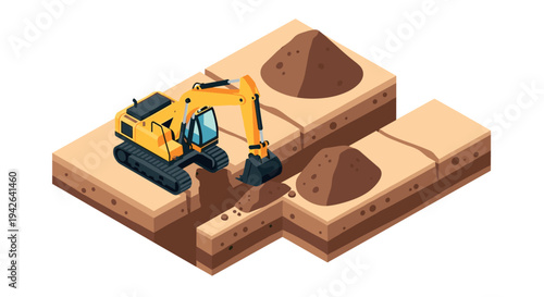 Excavator digging trench on construction site in isometric style