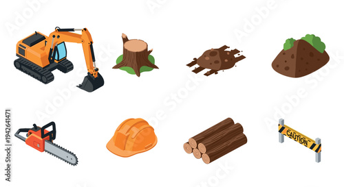 Construction and forestry icons set: excavator, chainsaw, logs, caution sign, helmet, stump, dirt