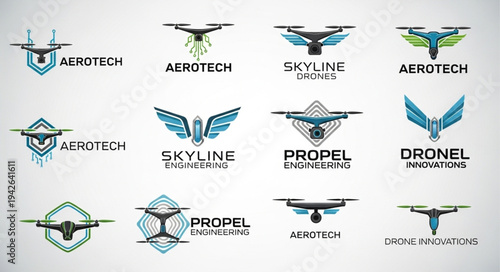 Collection of drone logos featuring various designs and styles.