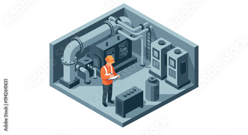 Industrial engineer inspecting machinery in isometric room