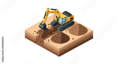 Isometric excavator on construction site with soil